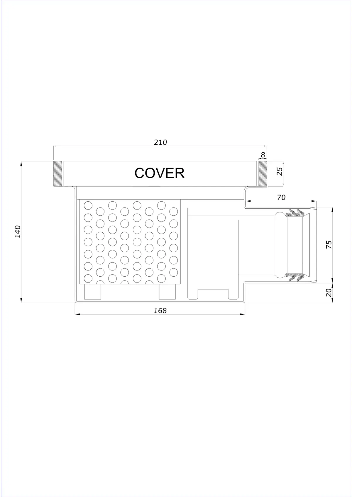 Siphon de sol BK_KROB 210 DN 75 avec bord 25x8mm - Monobloc horizontal