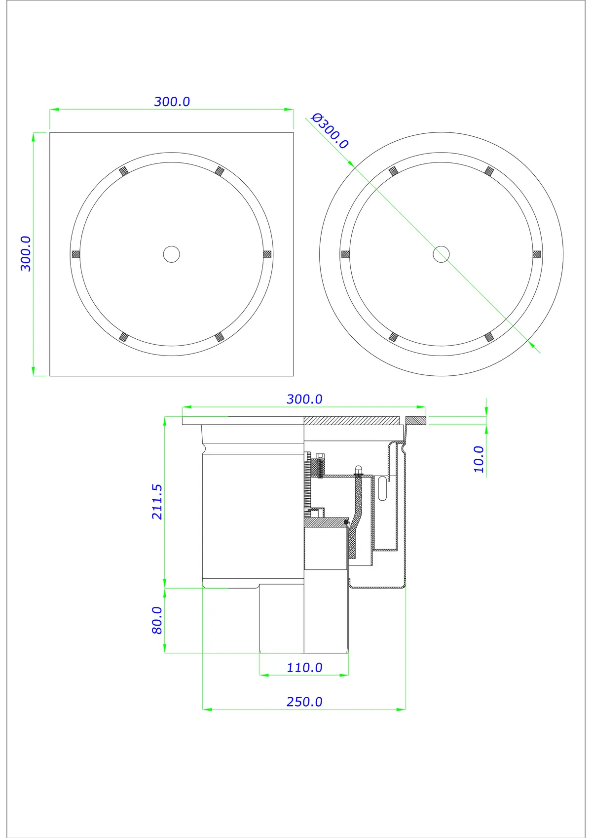 Siphon de sol BK_KROD 300/300x300 DN 110 avec siphon verrouillable (clé Allen) - monobloc vertical