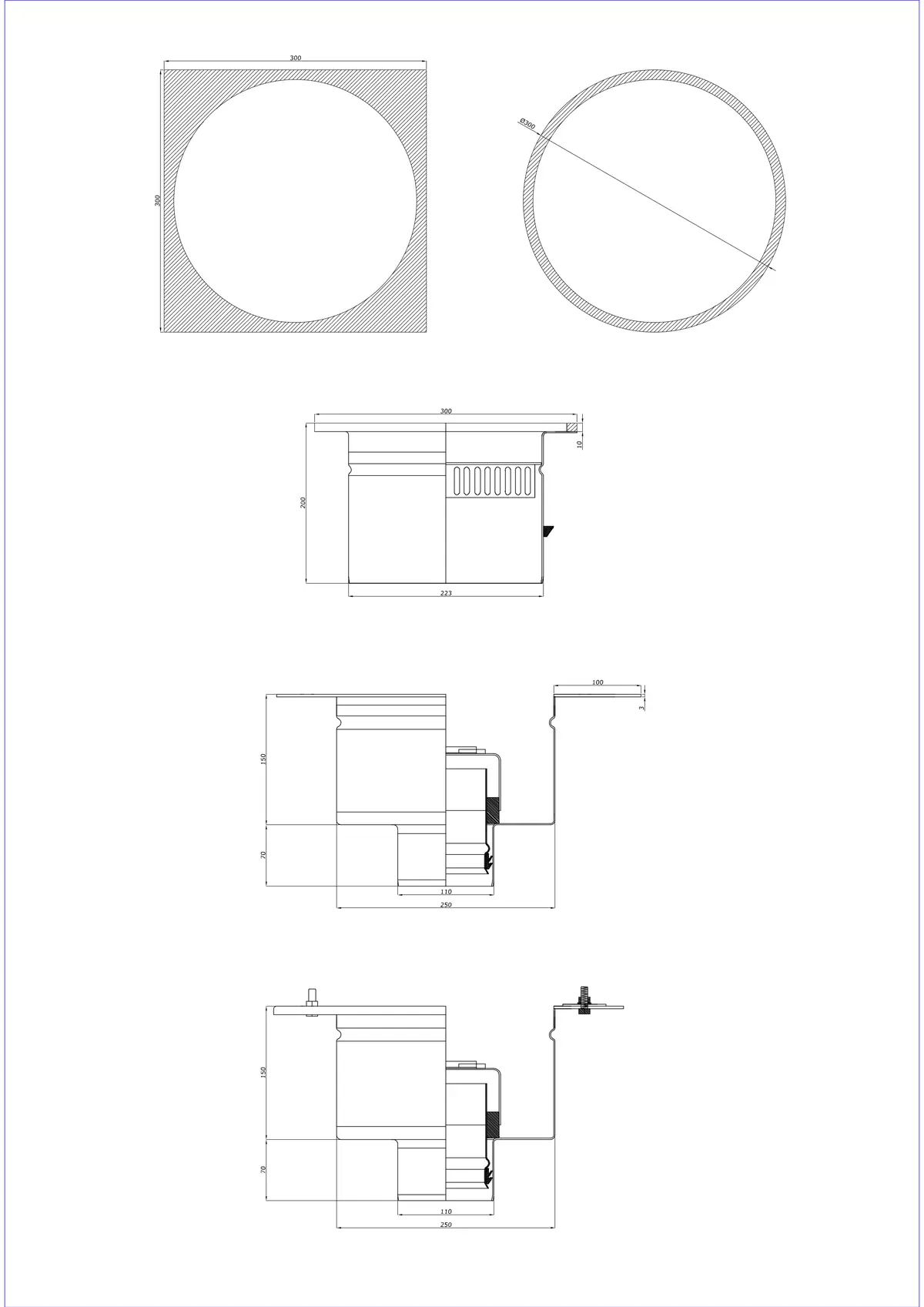 Siphon de sol BK_KRDO 300/300x300 DN 110 - Deux parties vertical - Version ronde/carrée