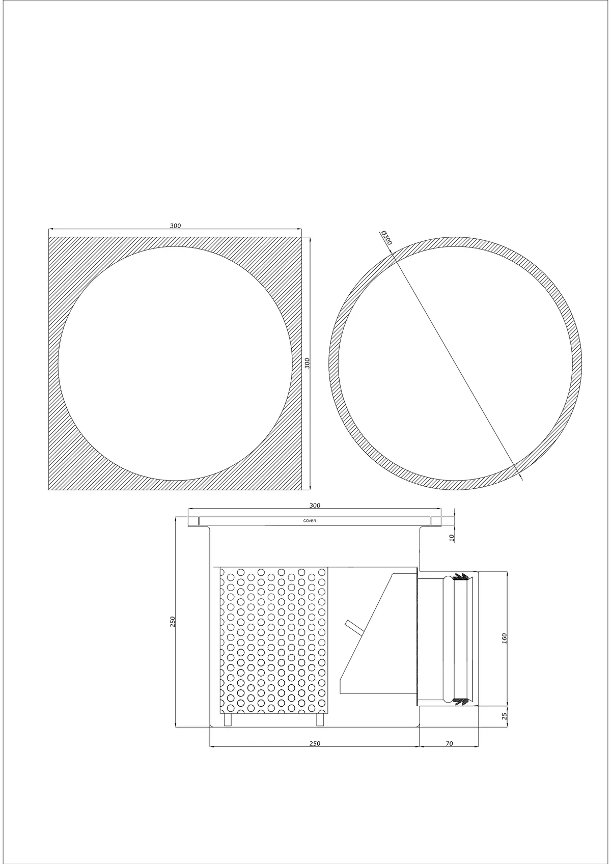 Siphon de sol BK_KRBO 300/300x300 DN 160 - Monobloc Horizontal - Version Ronde/Carrée