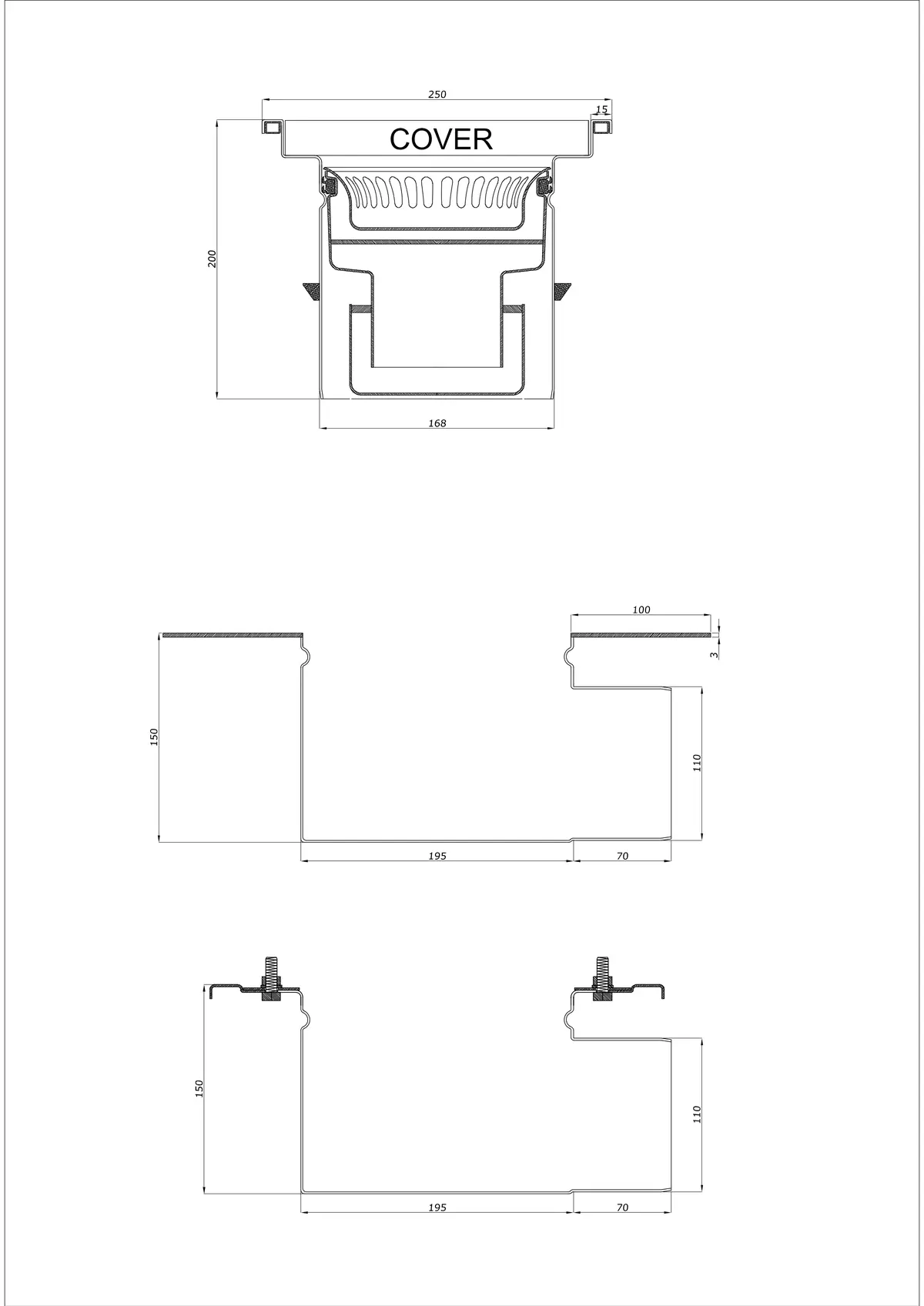 Siphon de sol BK_KRB 250x250 DN 110 - Deux parties horizontal
