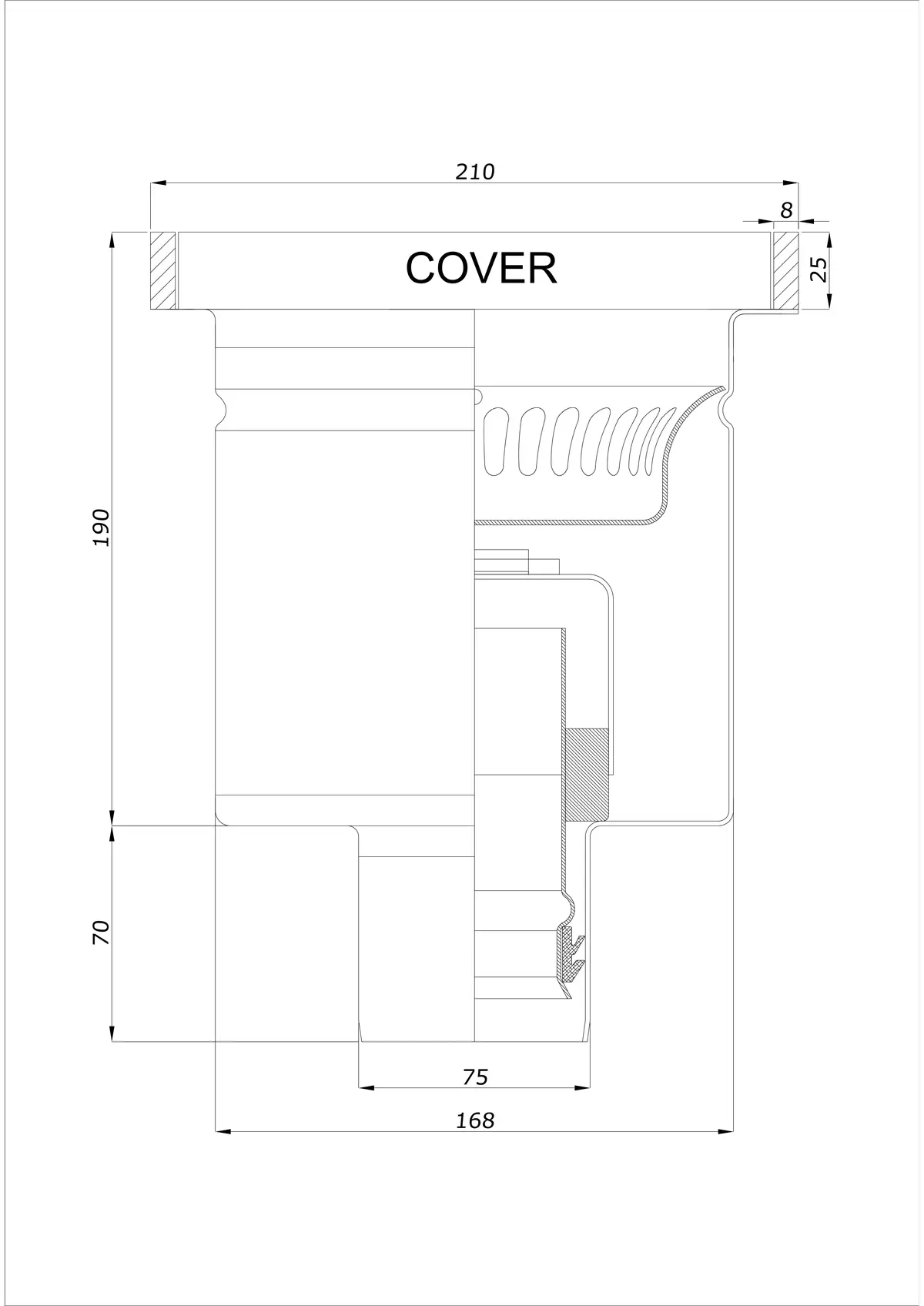 Siphon de sol BK_KROD 210 DN 75 avec bordure 25x8mm - Vidange verticale monobloc