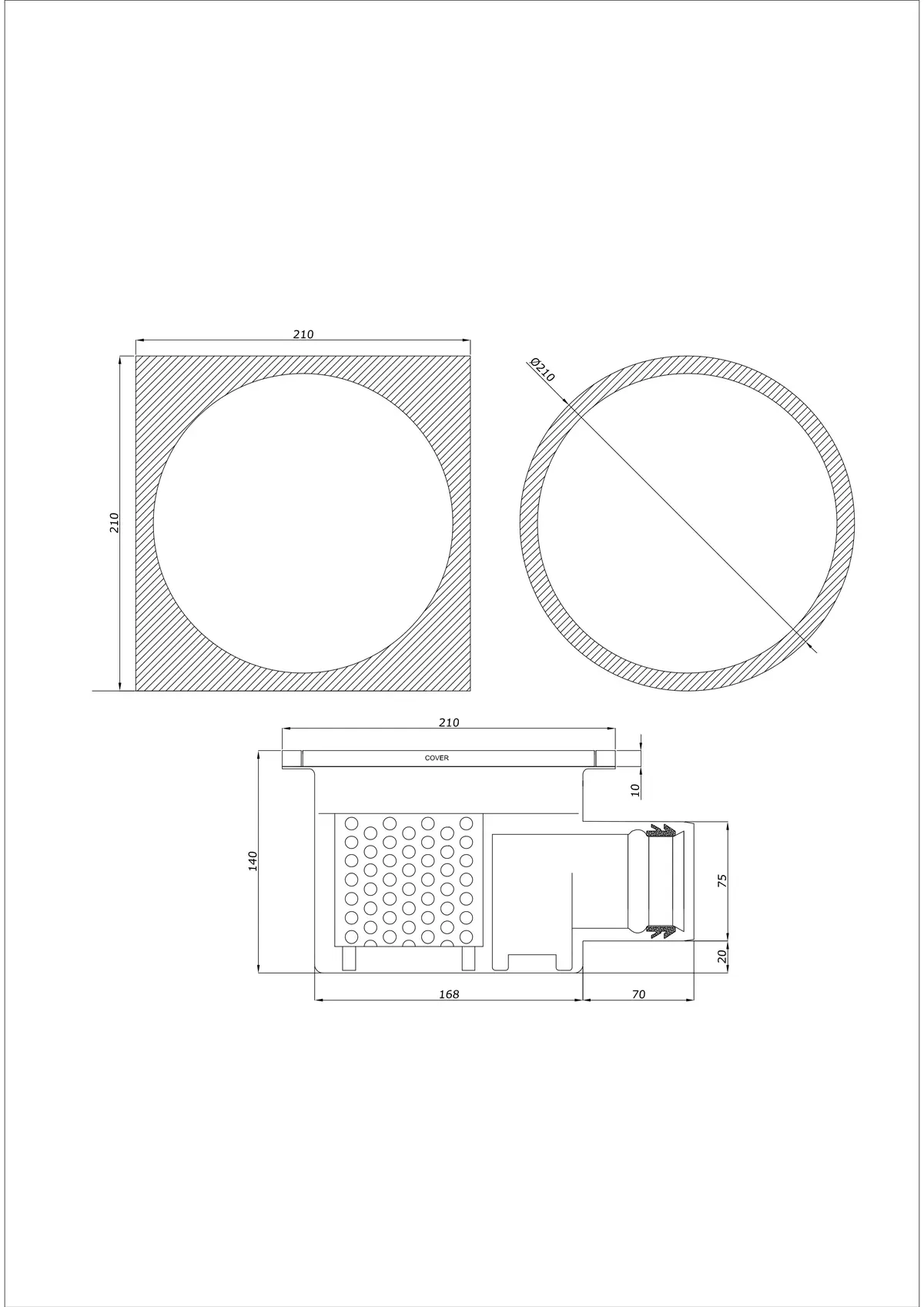 Siphon de sol BK_KRBO 210/ 210x210 DN 75 - Monobloc Horizontal - Version ronde/carrée