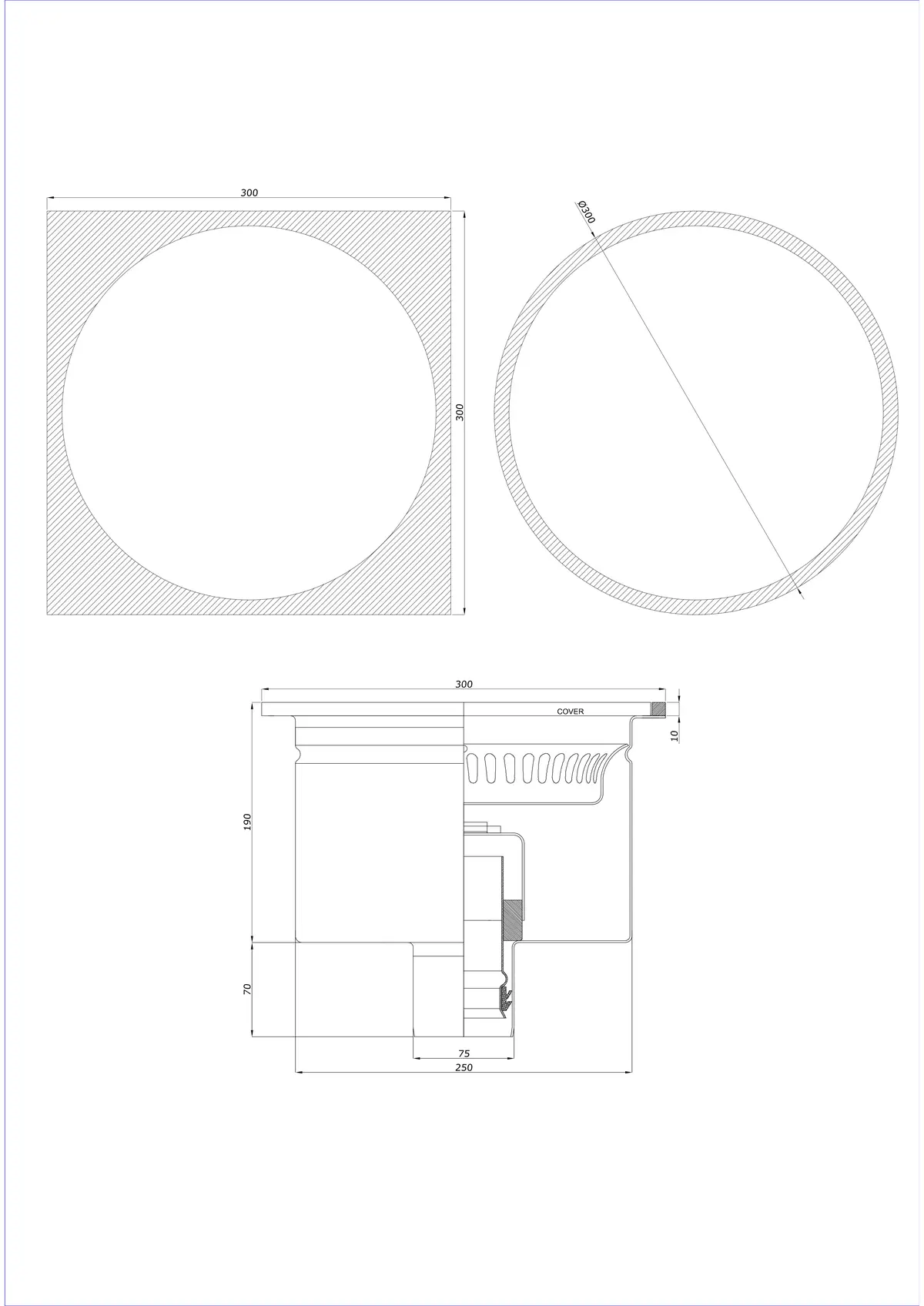 Siphon de sol BK_KRDO 300/300x300 DN 75 - Monobloc vertical - Version ronde/carrée